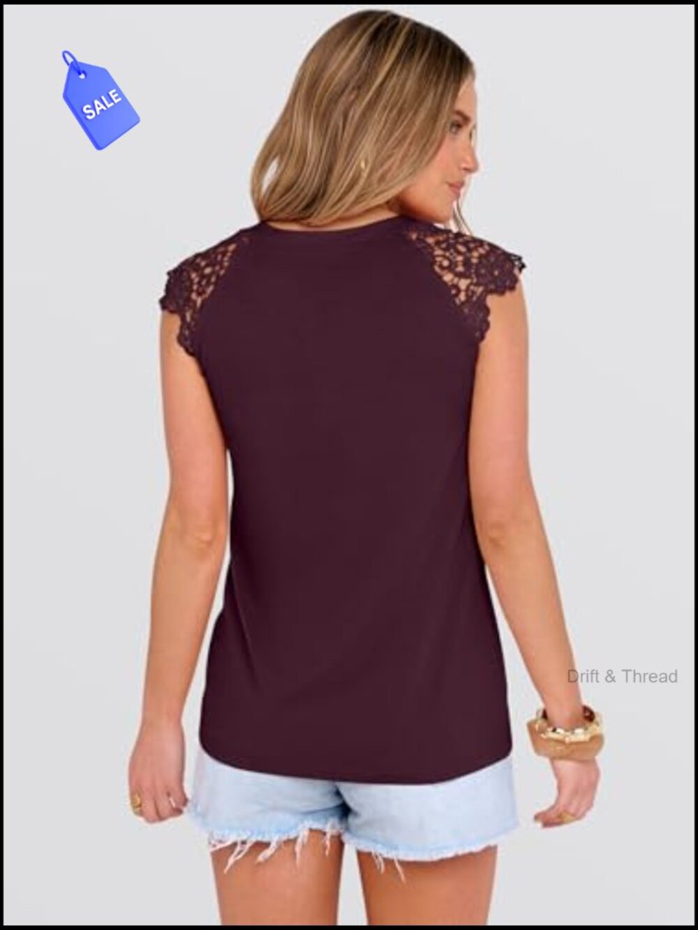 Sleeveless Lace Henley Top with Button Down Front for Office Travel - Picture 3 of 7
